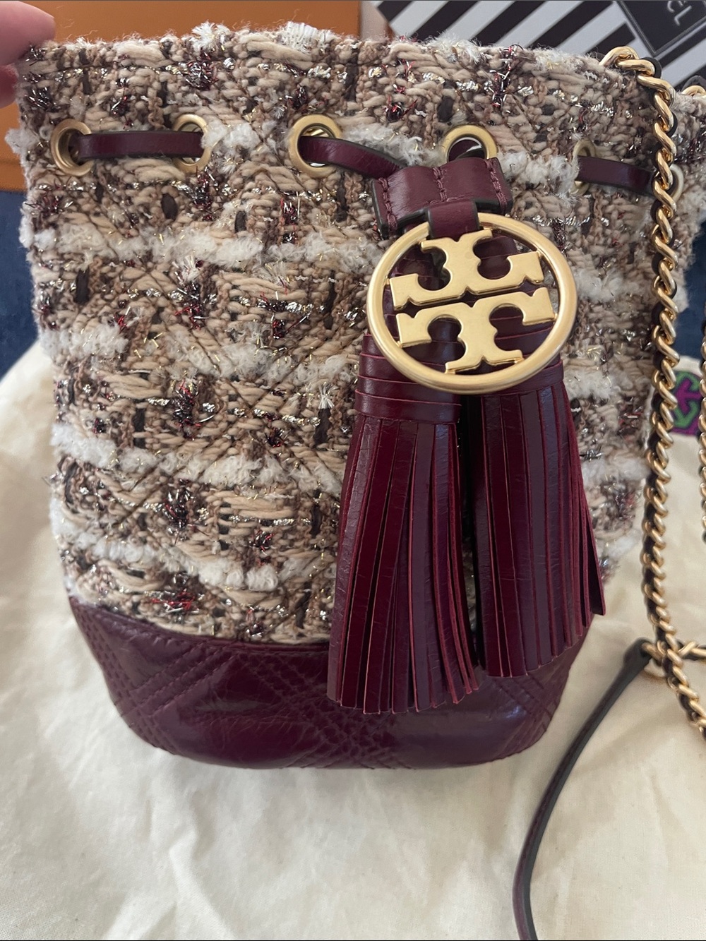 Tory Burch Tweed Bucket Crossbody with Maroon Leather Tassel